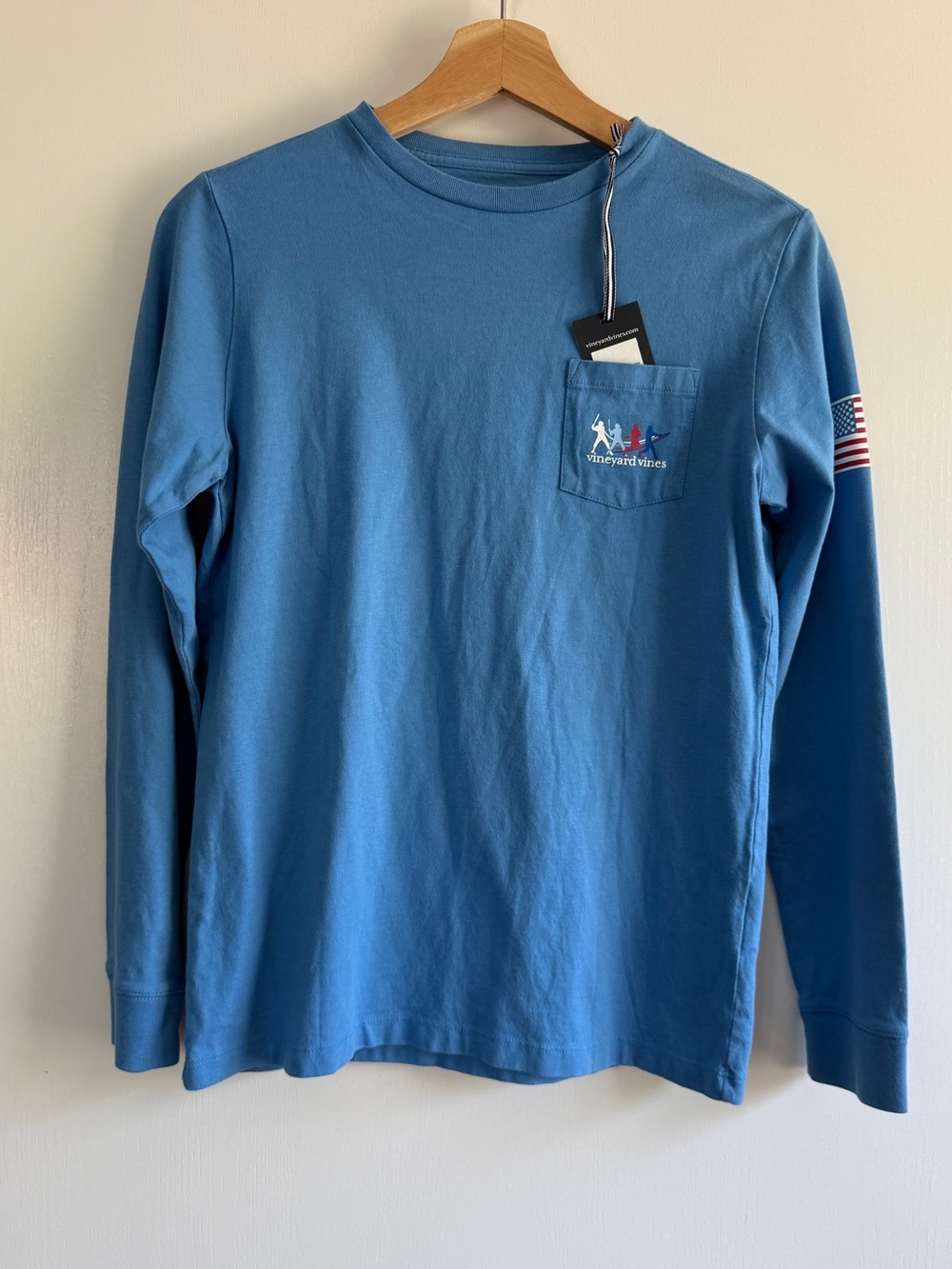 Vineyard Vines Boys Blue Long Sleeve Pocket Tee USA Flag Sleeve Patch Baseball